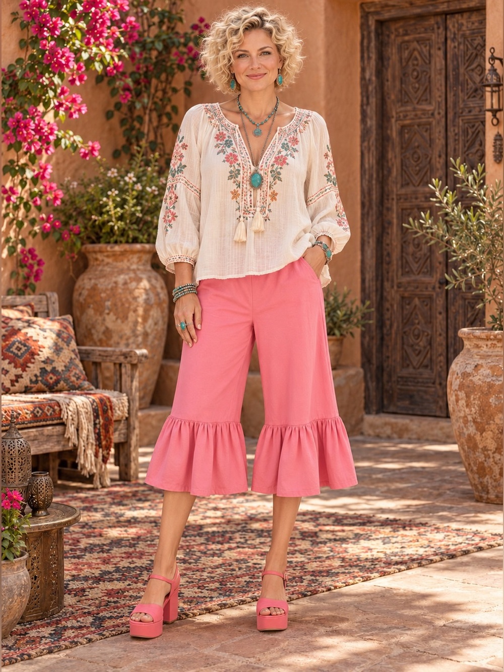 H022 Matilda Jane L w15-20 Pinkish Coral Ruffle-Hem Wide Leg Crop Pants